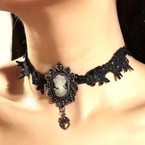 Choker Necklace Cameo Lace VIctorian Antiqued Sexy Goth Rave Punk Scene Costume - Picture 1 of 4